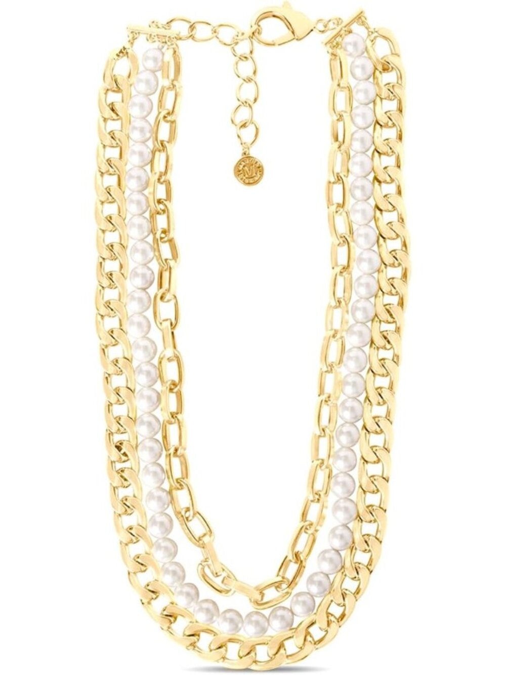Elegant Three Strand Pearl & Chain Necklace in Gold - Women's Fashion Jewelry